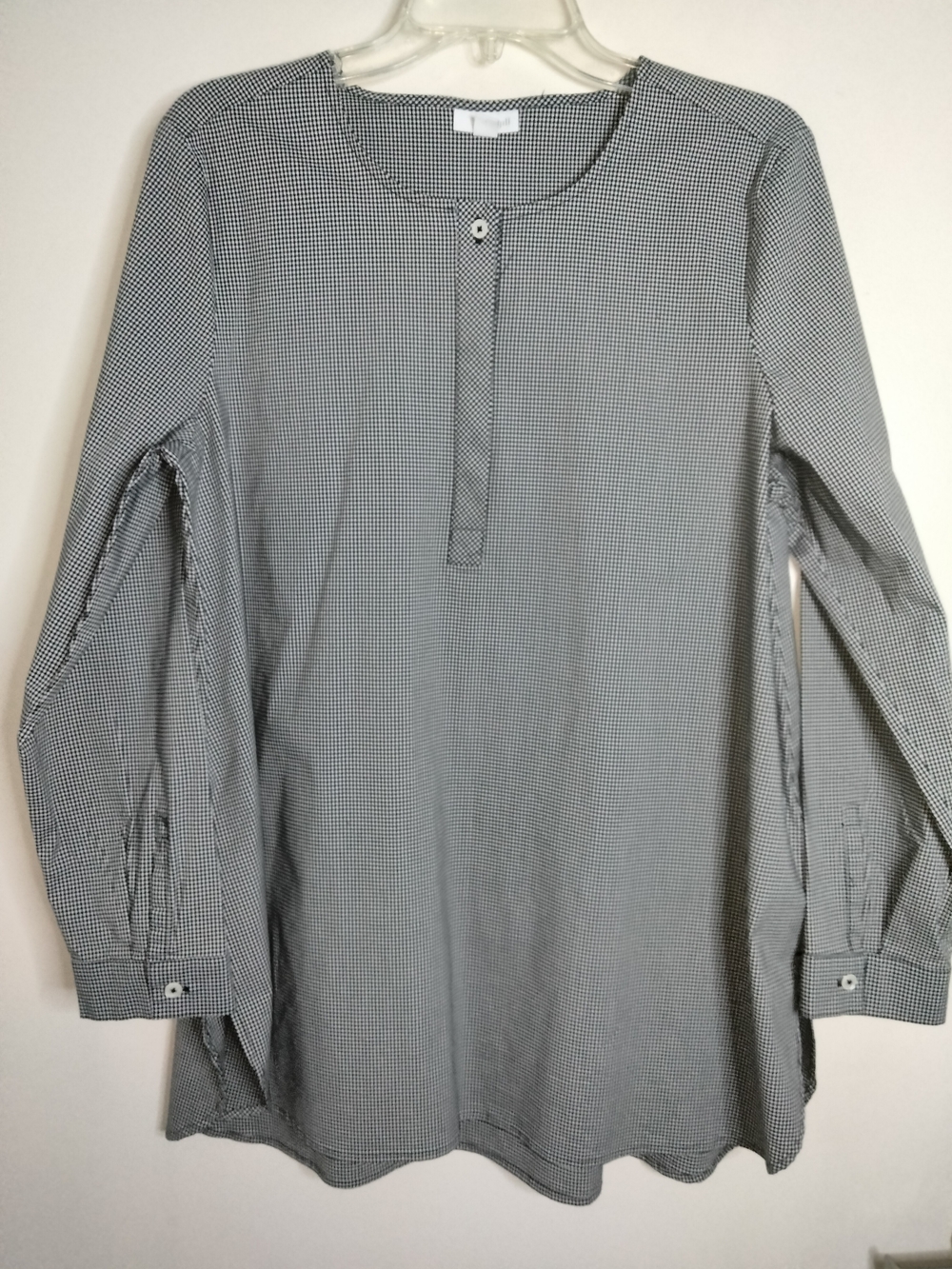 J. Jill -L- Black & White Micro-Check Cotton Blend Henley Placket LS Tunic Top